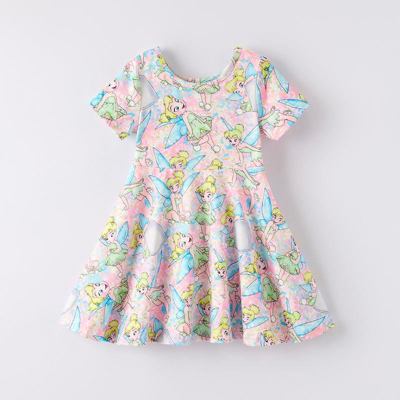 （In Stock）Girls Spring and Summer Cartoon Elf Print Dress