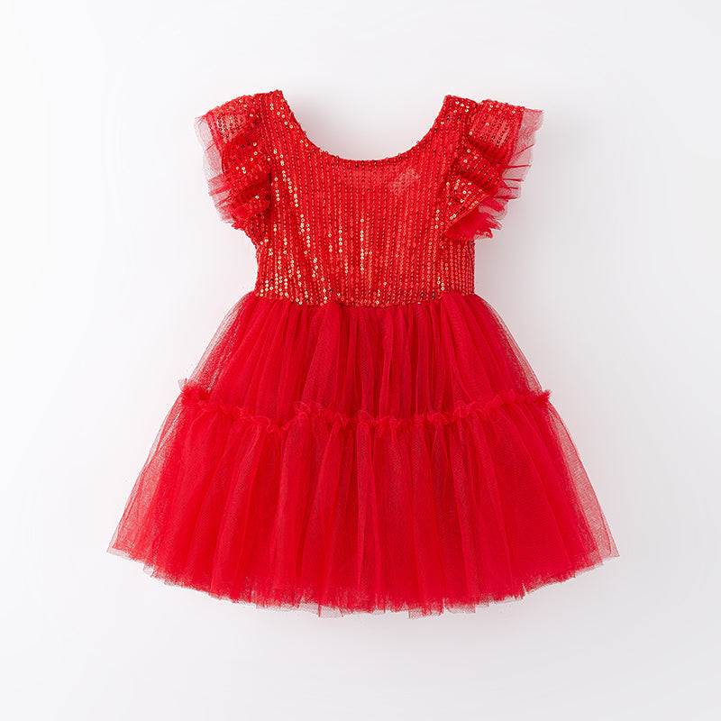 （In Stock）Girls Christmas Red Sequin Tulle Dress