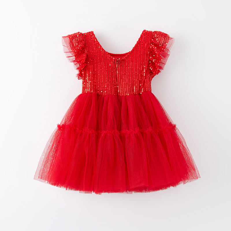 （In Stock）Girls Christmas Red Sequin Tulle Dress