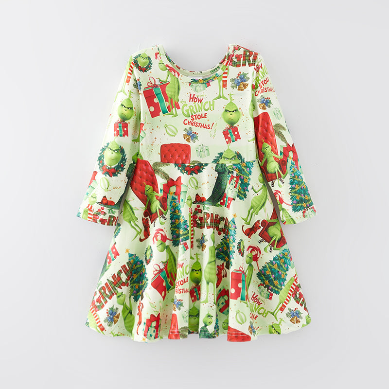 （In Stock G9-3-2）Girls Christmas Cartoon Print Dress