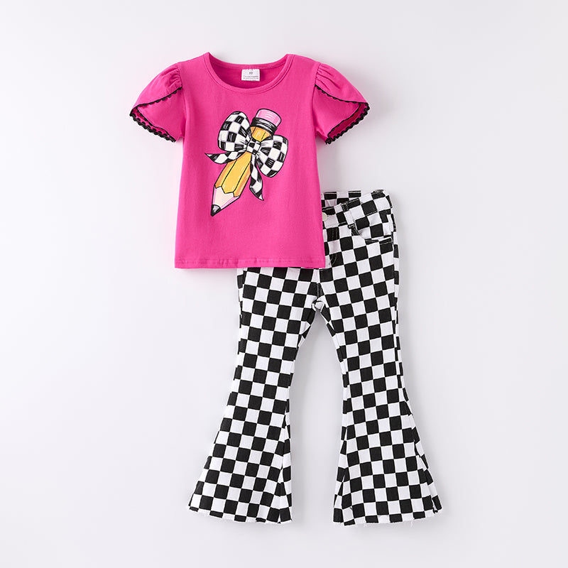 （In Stock）Girls Summer Back To School Pencil Print Denim Set