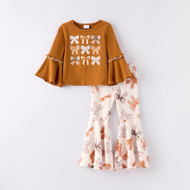 （In Stock）Girls Fall Bow Print Cotton Top Milk Silk Pants Set