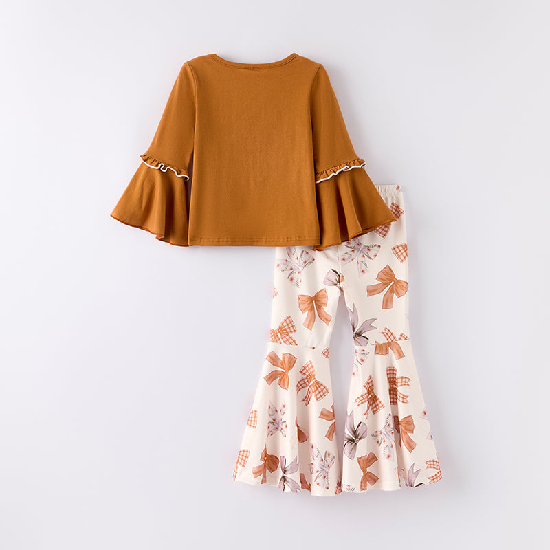（In Stock）Girls Fall Bow Print Cotton Top Milk Silk Pants Set