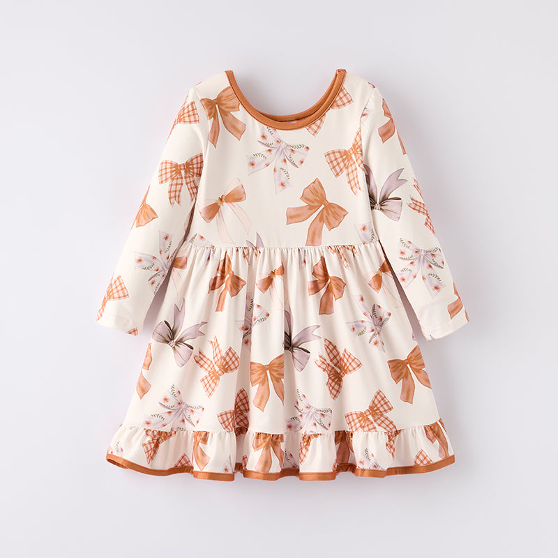（In Stock）Girls Fall Bow Print Dress