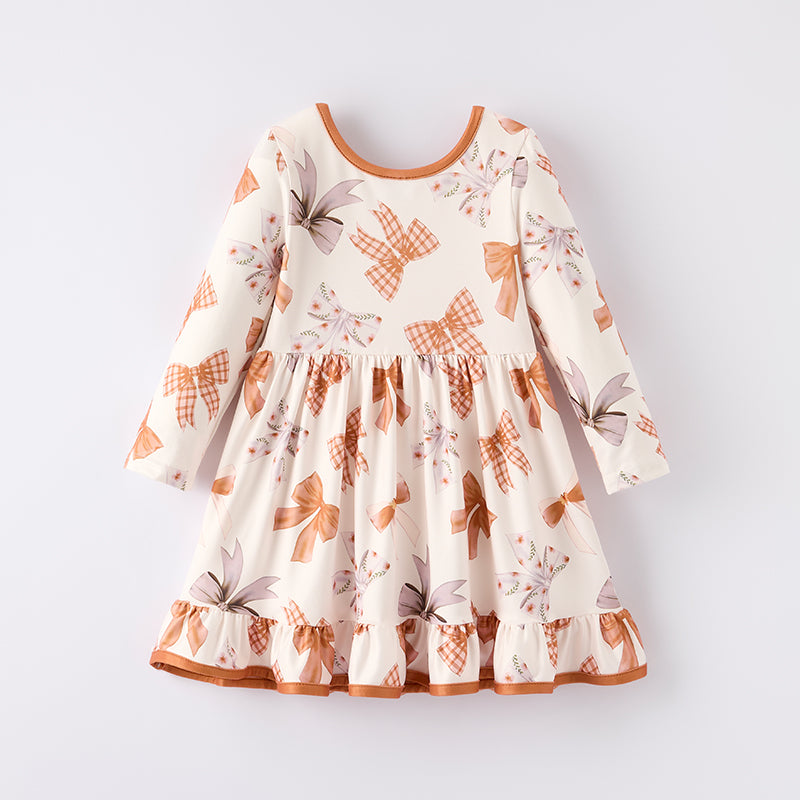 （In Stock）Girls Fall Bow Print Dress