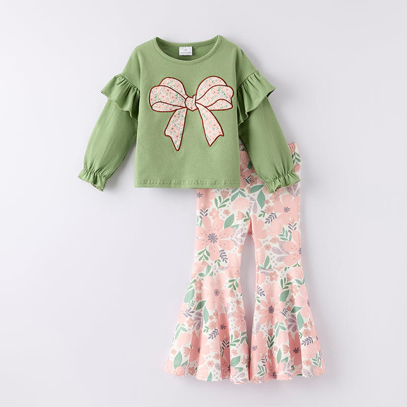 （In Stock）Girls Fall Bow Applique Cotton Top Floral Print Pants Set