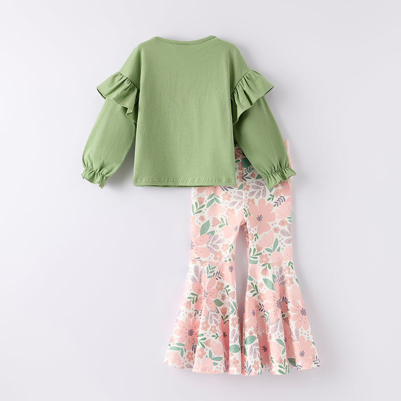（In Stock）Girls Fall Bow Applique Cotton Top Floral Print Pants Set