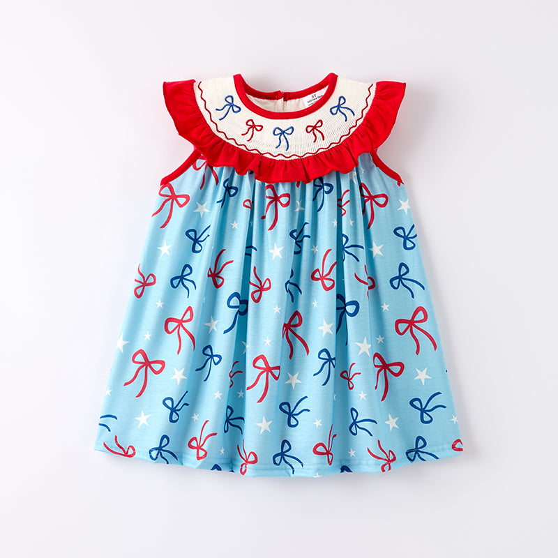 （In Stock）Girls Patriotic Bow Embroidery Smocked Dress