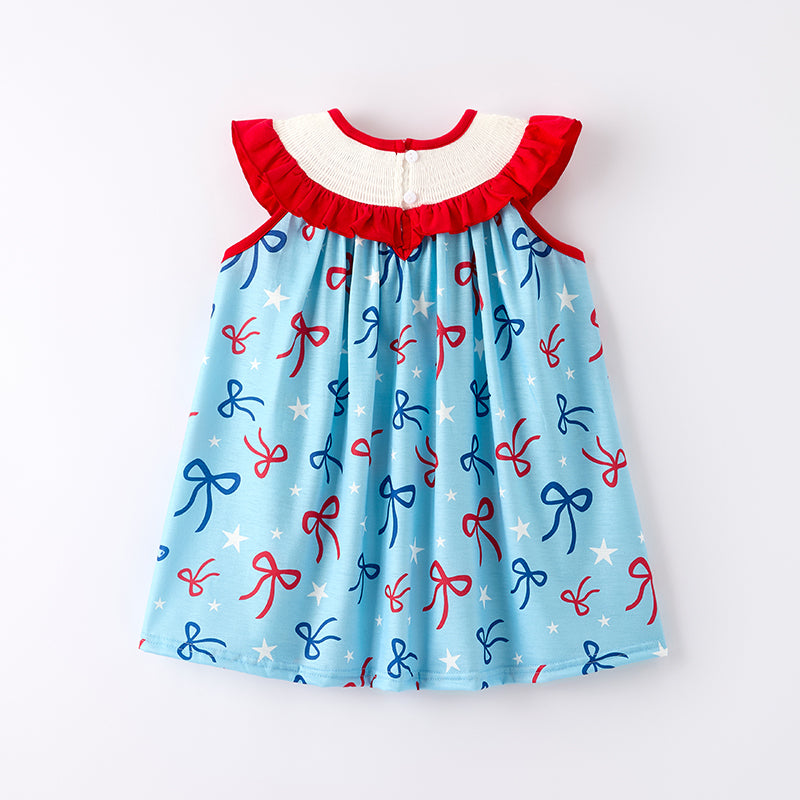 （In Stock）Girls Patriotic Bow Embroidery Smocked Dress