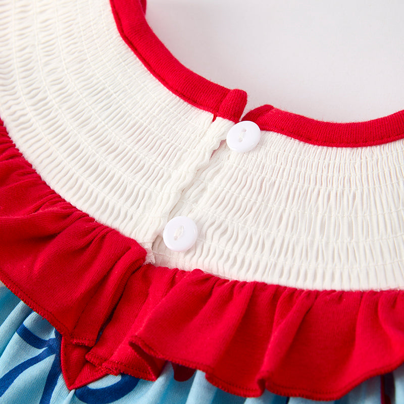 （In Stock）Girls Patriotic Bow Embroidery Smocked Dress