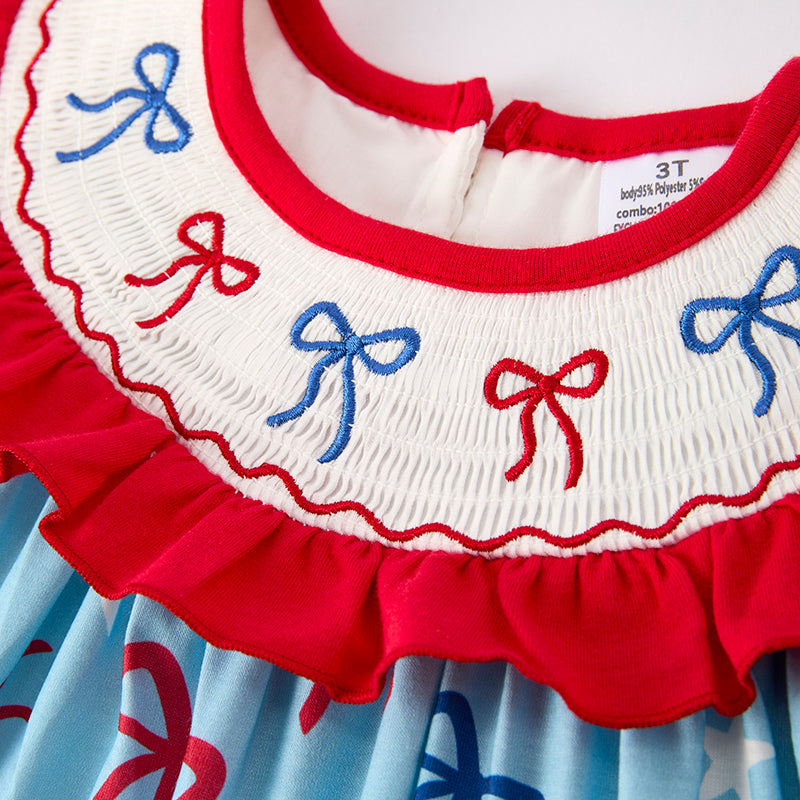（In Stock）Girls Patriotic Bow Embroidery Smocked Dress