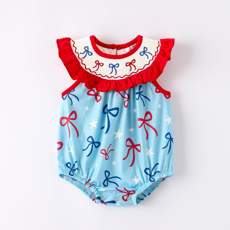 （In Stock）Toddler Girls Patriotic Bow Embroidery Smocked Romper
