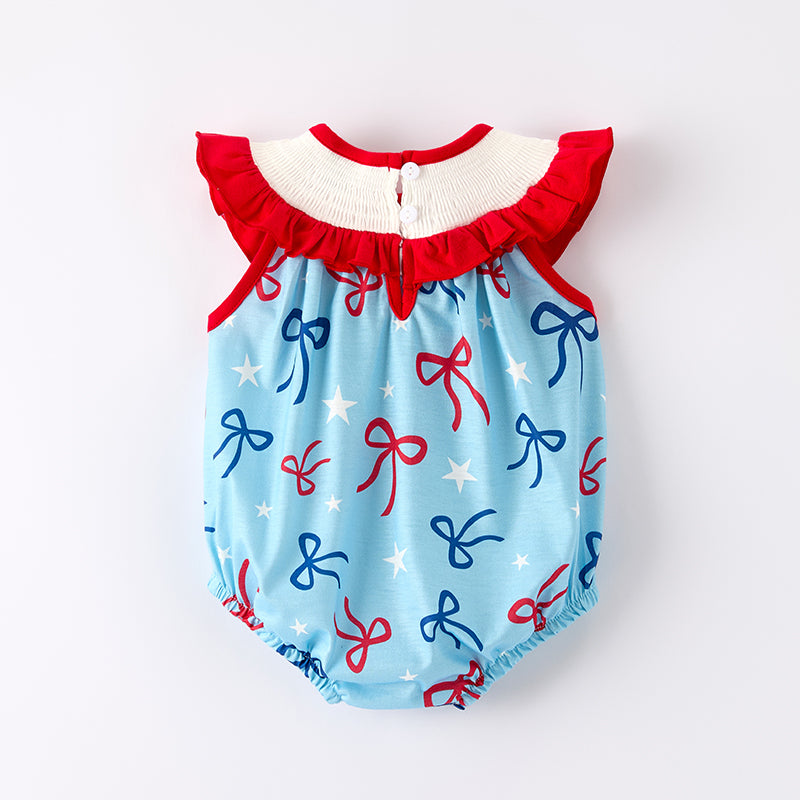 （In Stock）Toddler Girls Patriotic Bow Embroidery Smocked Romper