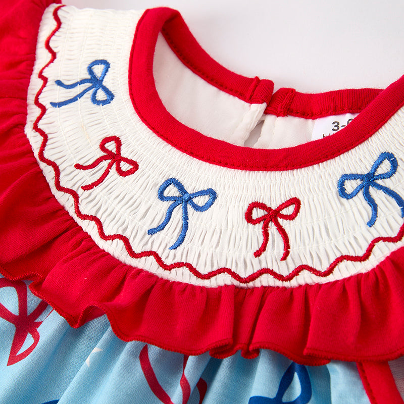 （In Stock）Toddler Girls Patriotic Bow Embroidery Smocked Romper