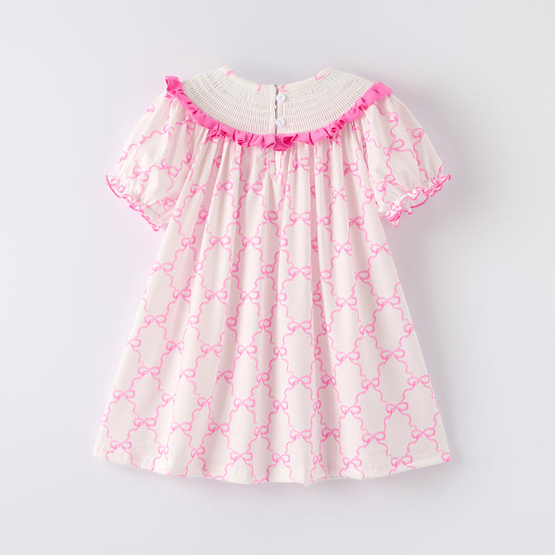 （In Stock）Girls Spring and Summer Bow Embroidery Smocked Dress