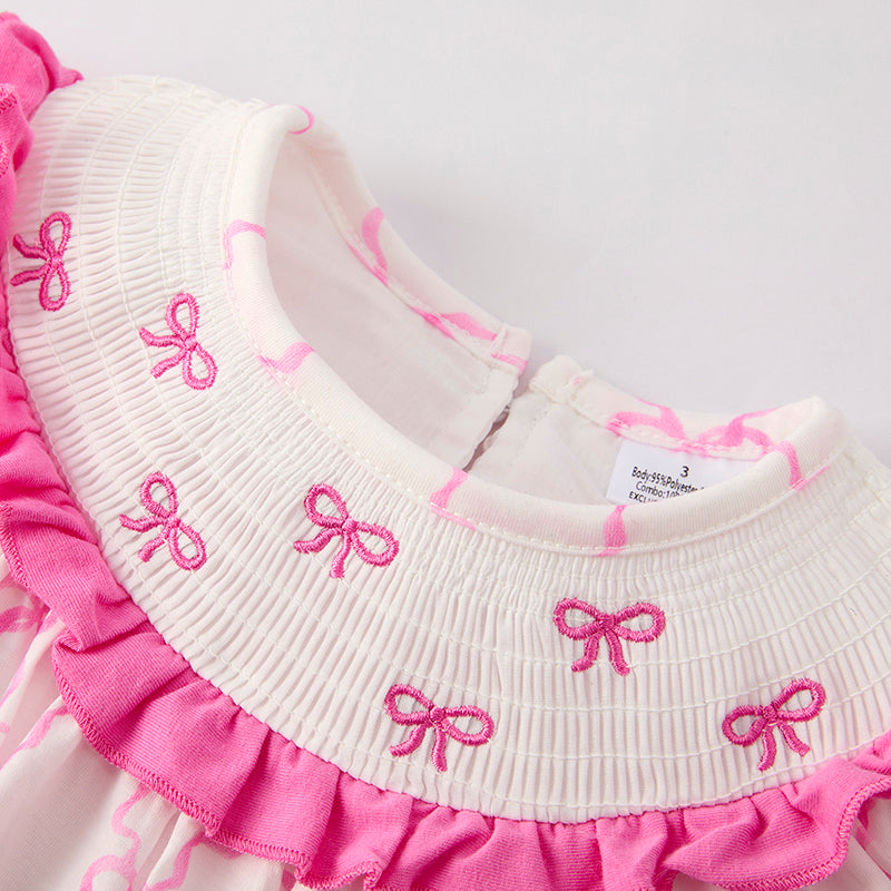 （In Stock）Girls Spring and Summer Bow Embroidery Smocked Dress