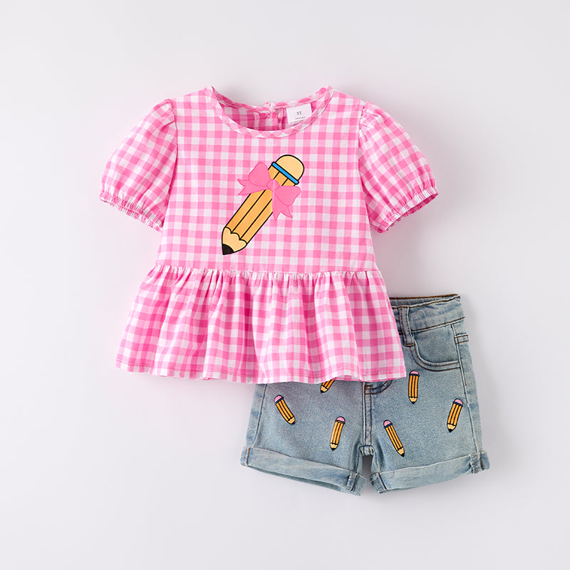 （In Stock）Girls Back To School Pencil Print Denim Shorts Set