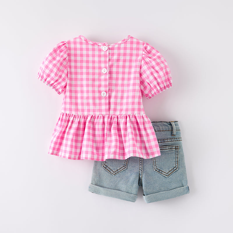 （In Stock）Girls Back To School Pencil Print Denim Shorts Set