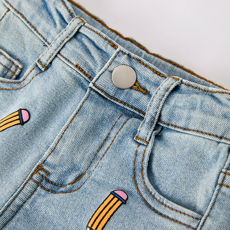 （In Stock）Girls Back To School Pencil Print Denim Shorts Set