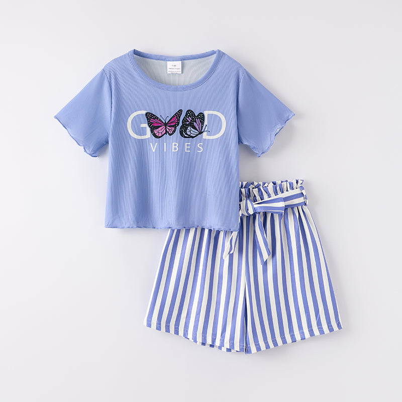 （In Stock）Girls Spring and Summer Butterfly Print Shorts Set