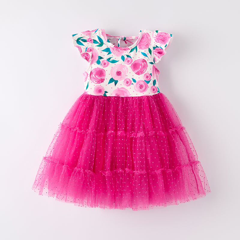 （In Stock）Girls Spring and Summer Floral Print Tulle Dress