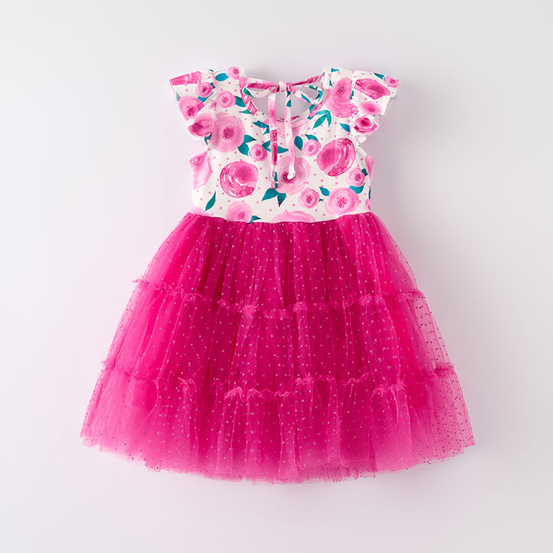 （In Stock）Girls Spring and Summer Floral Print Tulle Dress