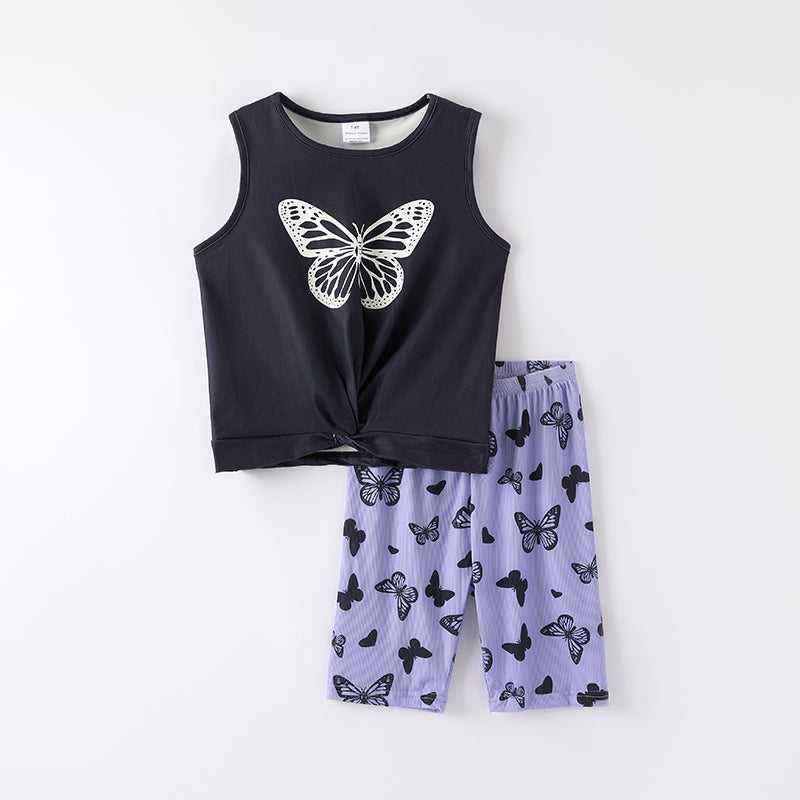 （In Stock）Girls Spring and Summer Butterfly Print Capris Set