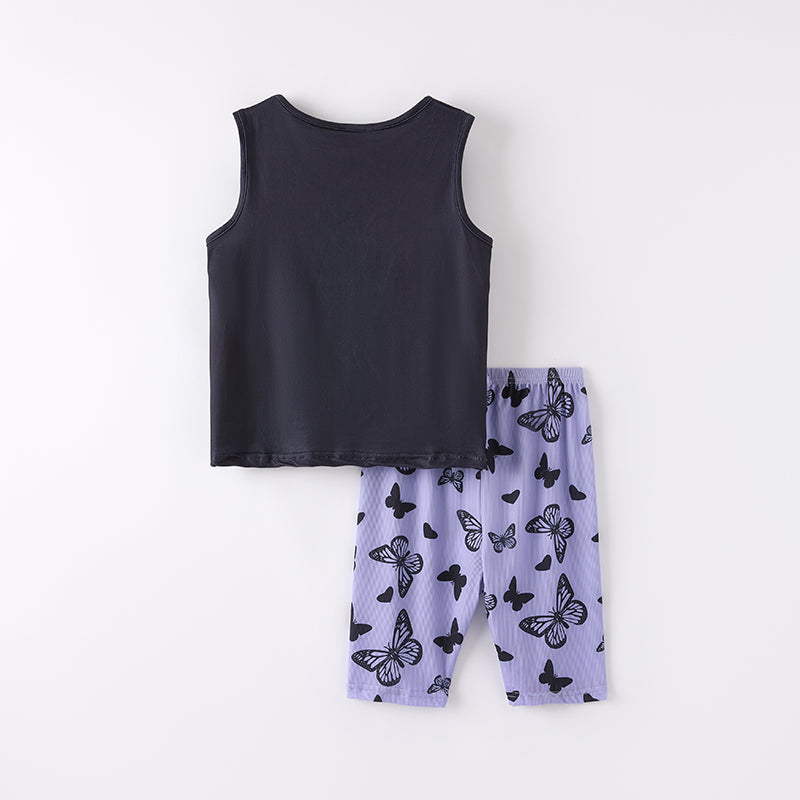 （In Stock）Girls Spring and Summer Butterfly Print Capris Set