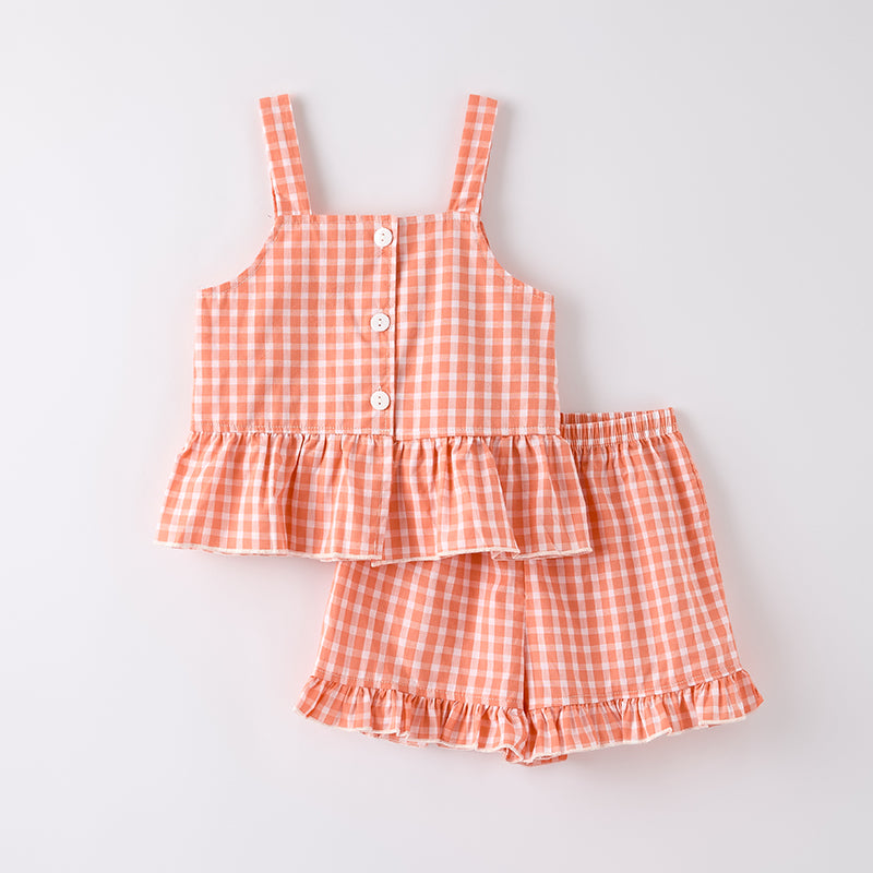 （In Stock）One Pack(7 Pieces total) Sale Girls Spring and Summer Coral Plaid Shorts Set