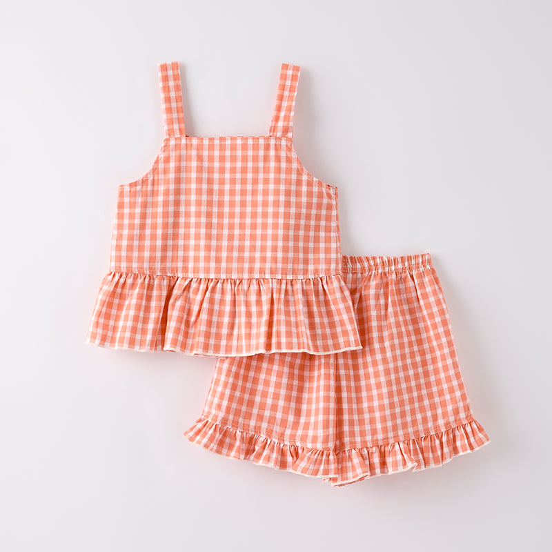 （In Stock）One Pack(7 Pieces total) Sale Girls Spring and Summer Coral Plaid Shorts Set