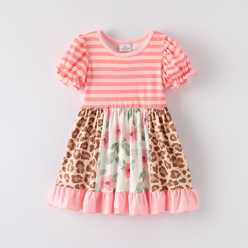 （In Stock）One Pack(4 Pieces total) Sale Girls Spring and Summer Coral Floral Print Dress