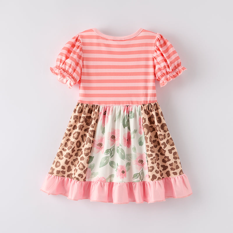 （In Stock）One Pack(4 Pieces total) Sale Girls Spring and Summer Coral Floral Print Dress