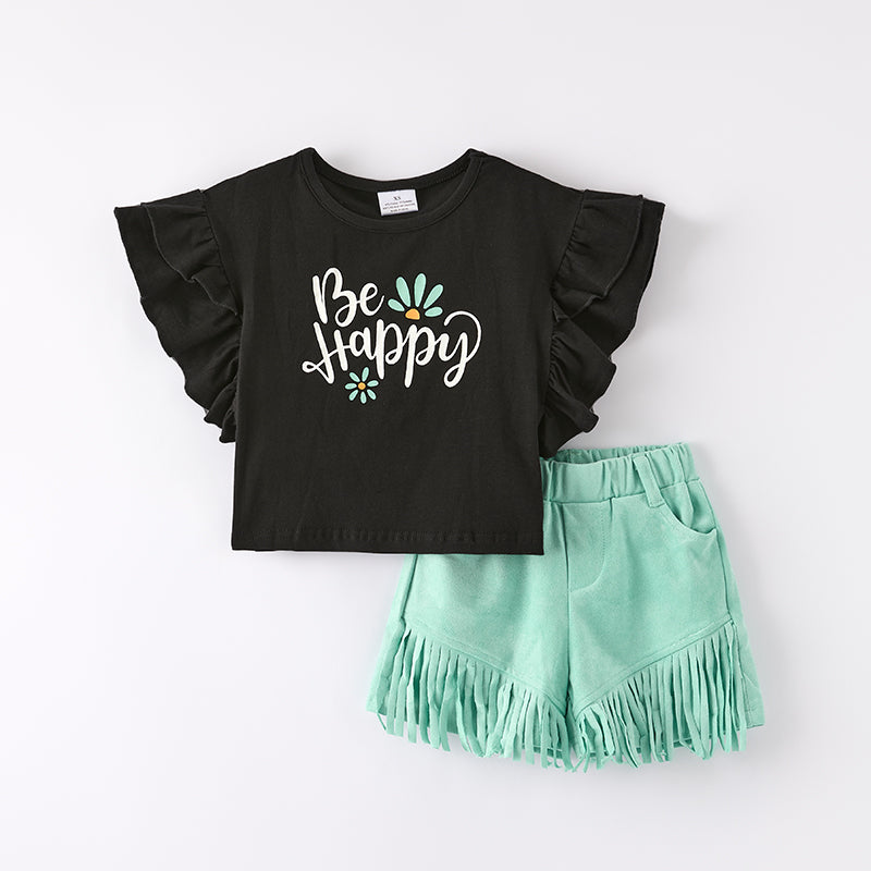 （In Stock）One Pack(3 Pieces total) Sale Girls Spring and Summer Be Happy Print Shorts Set