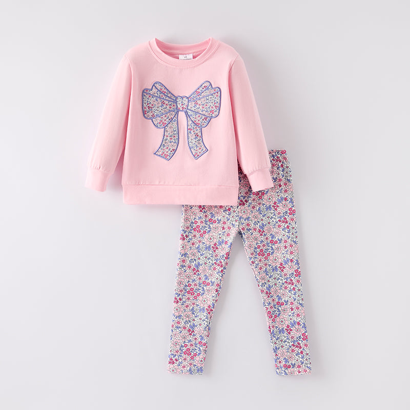 （In Stock）Girls Fall Bow Applique Cotton Top Floral Print Pants Set
