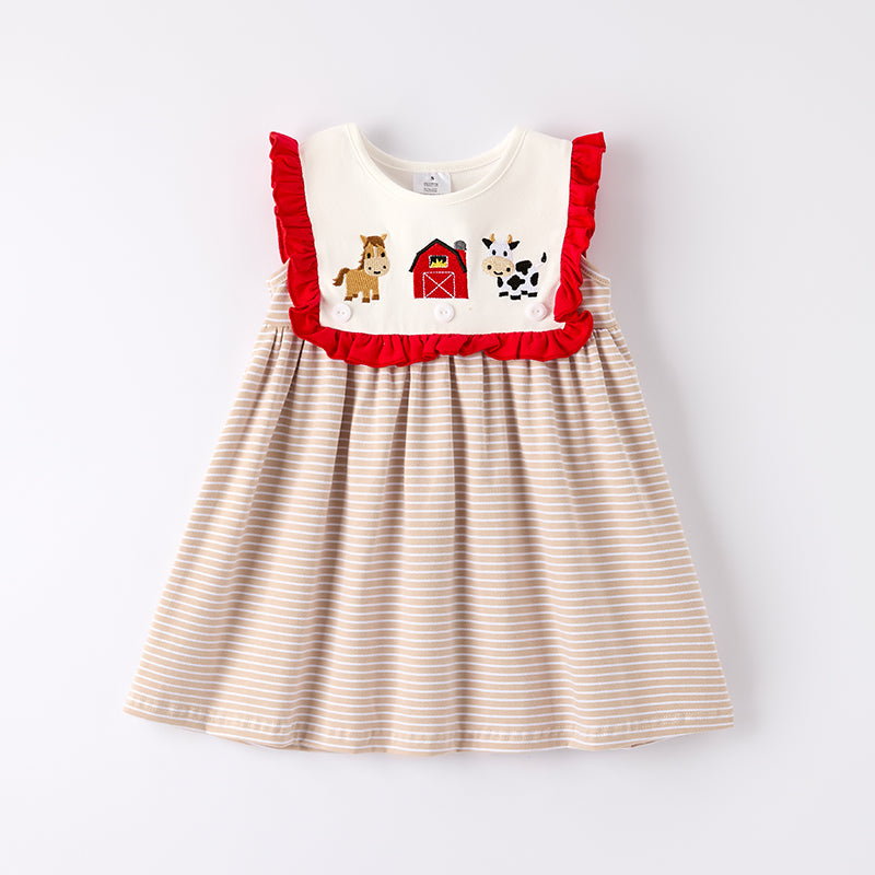 （In Stock）Girls Spring and Summer Khaki Farm Embroidery Dress