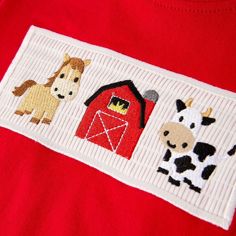 （In Stock）Boys Spring and Summer Khaki Farm Embroidery Smocked Shorts Set