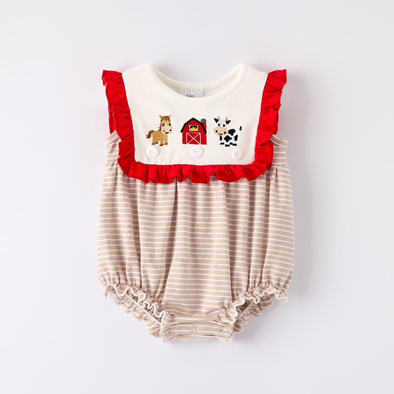 （In Stock）Toddler Girls Spring and Summer Khaki Farm Embroidery Romper
