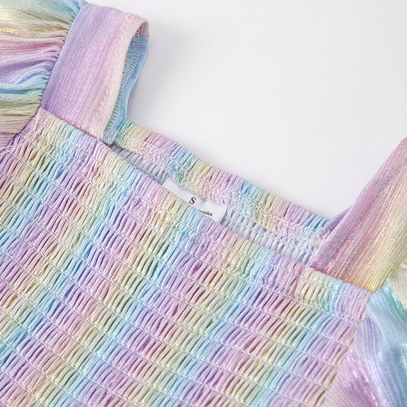 （In Stock A1-4-1）Girls Spring Rainbow Laser Smock Dress