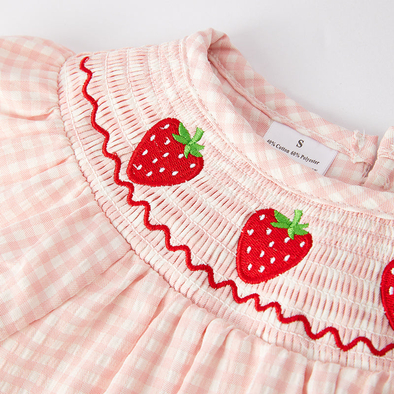 （In Stock L5-1-2）Girls Spring and Summer Strawberry Embroidery Smocked Short Set