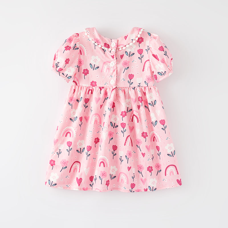 （In Stock Q7-5-1）Girls Spring and Summer Rainbow Embroidery Smocked Dress
