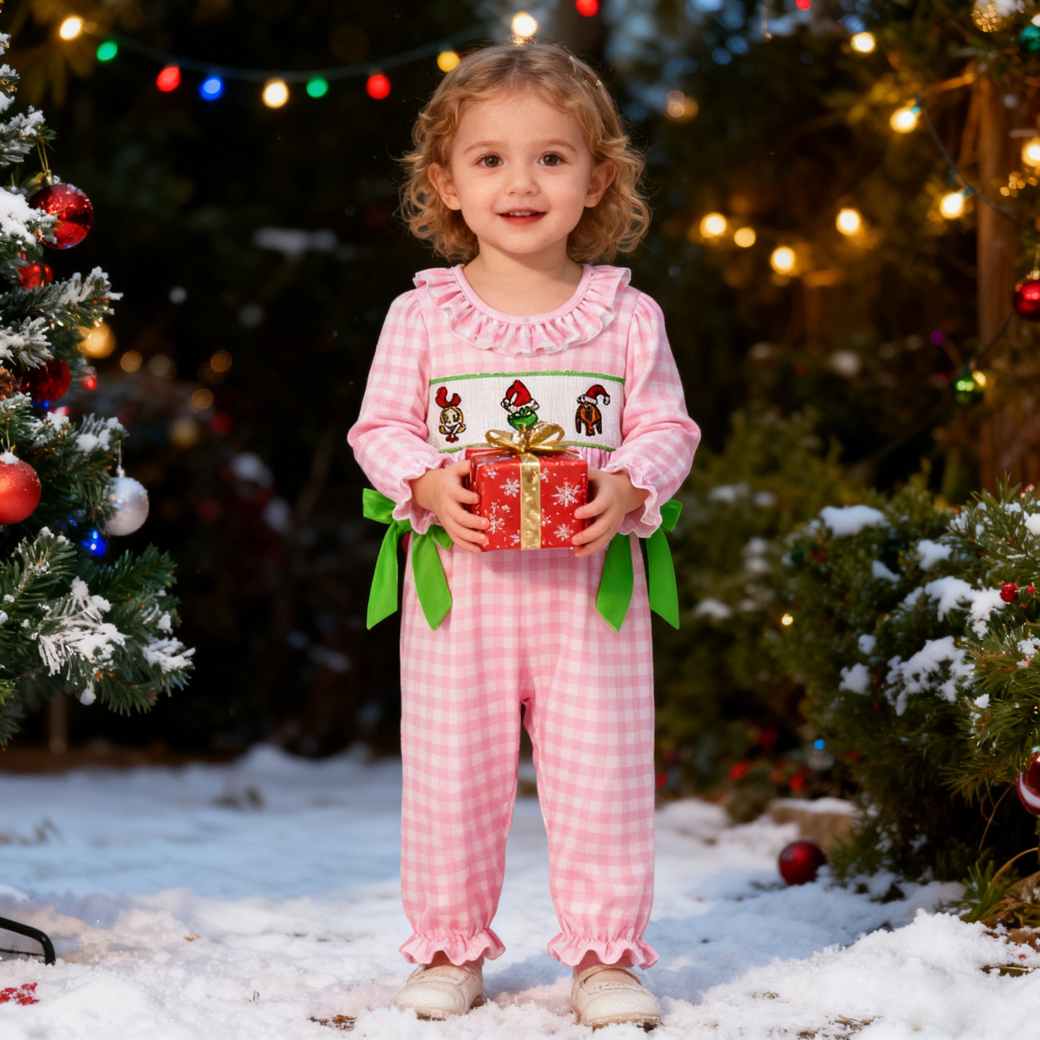 （In Stock）Toddler Girls Christmas Cartoon Embroidery Smocked Romper