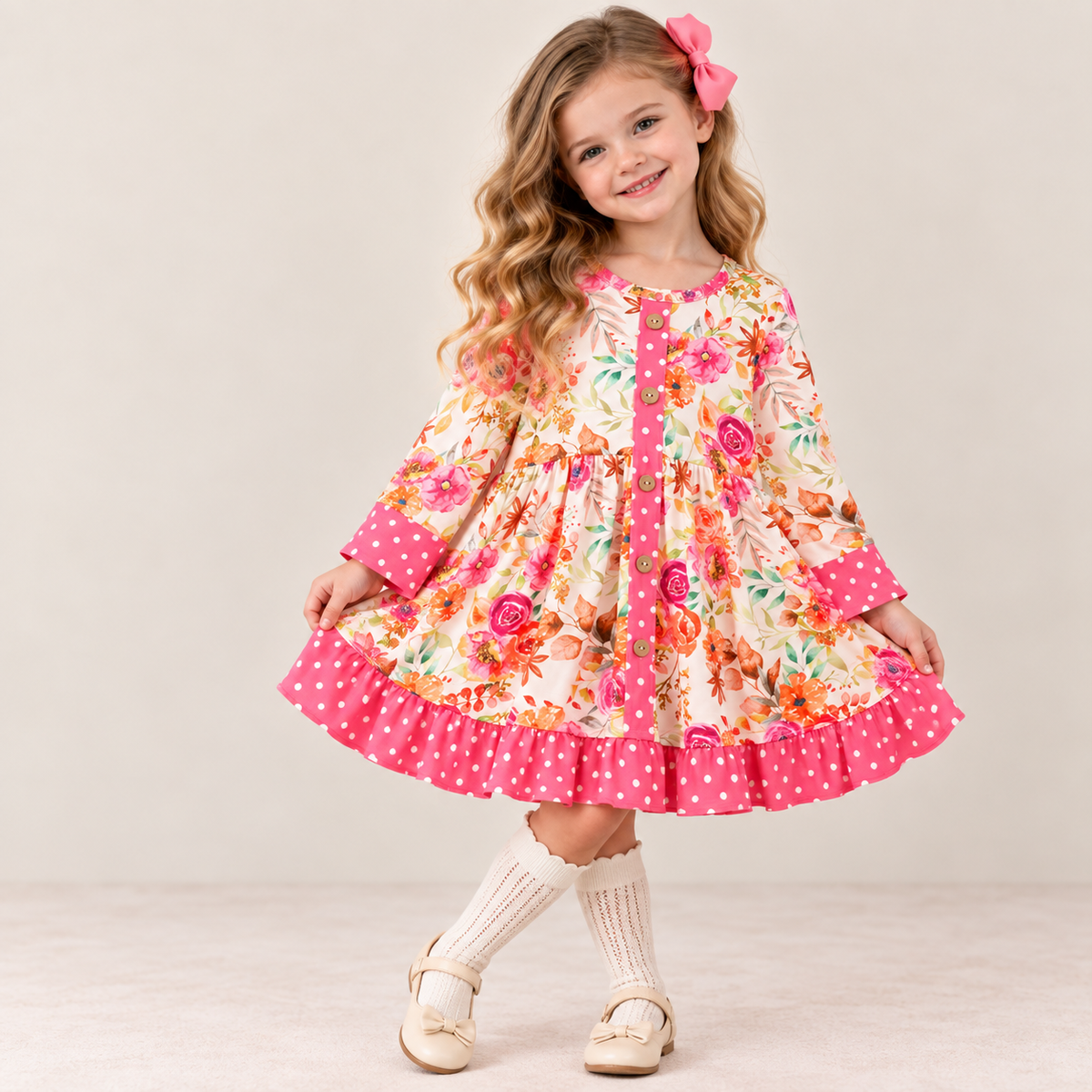 （In Stock）Girls Fall&Winter Floral Print Dress