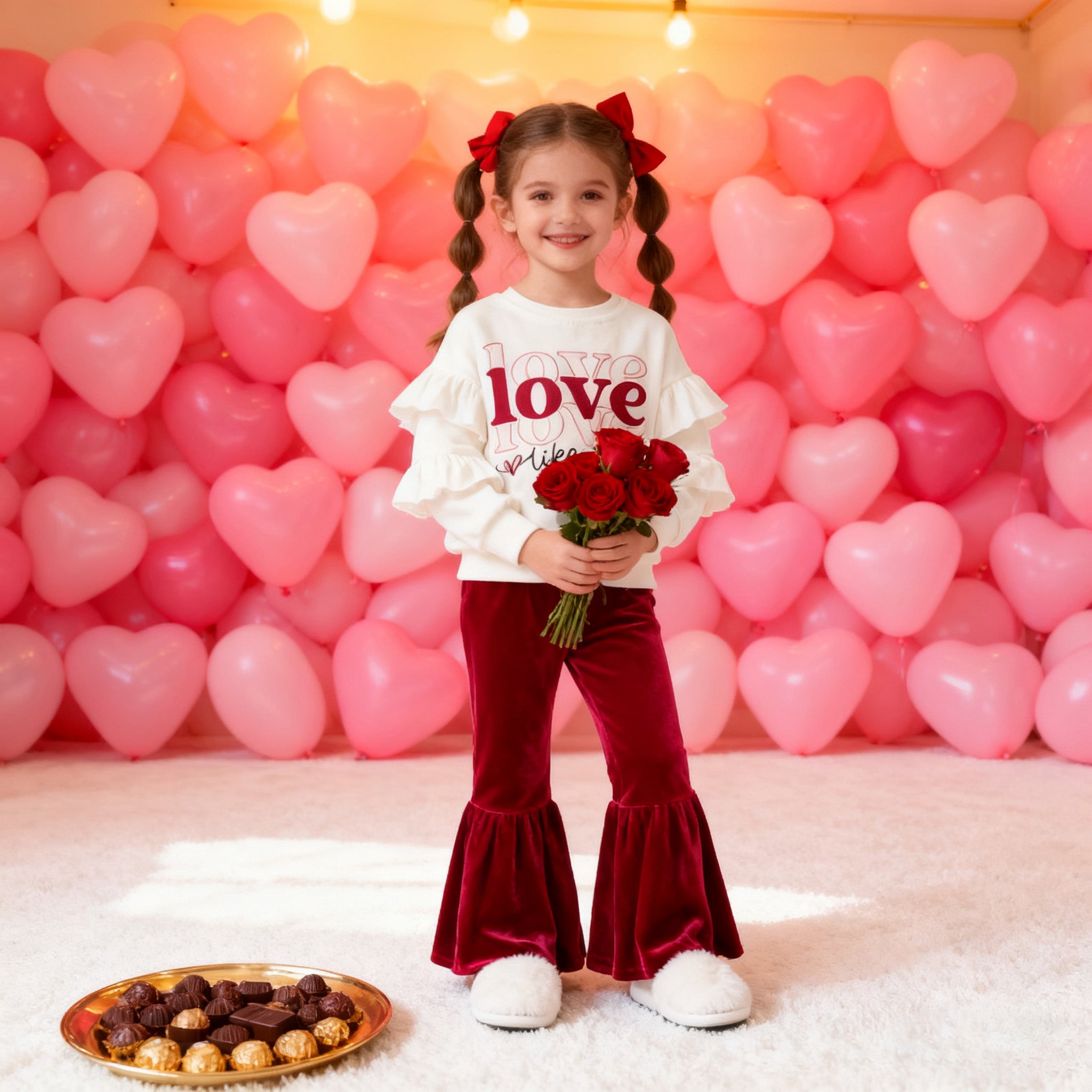 （In Stock）Girls Valentine's Day Print Top Velvet Pants Set