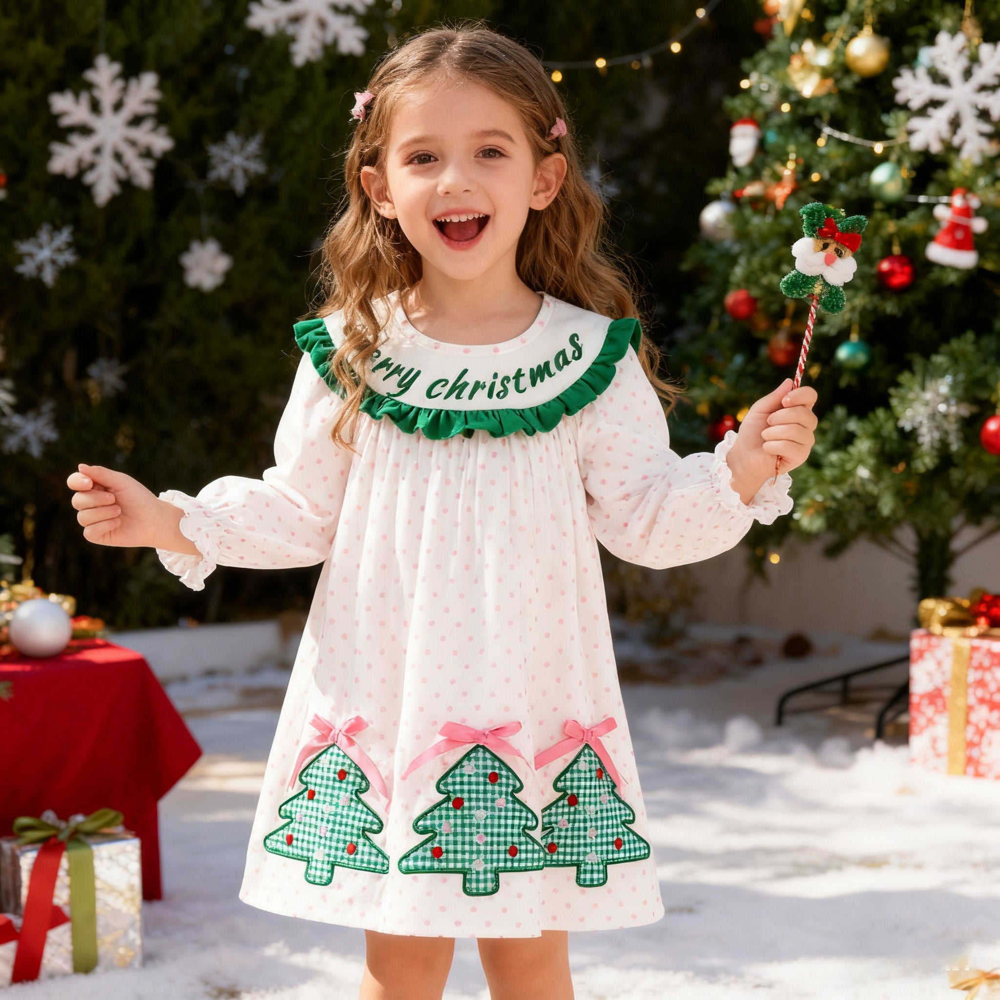 （In Stock）Girls Christmas Applique Dress