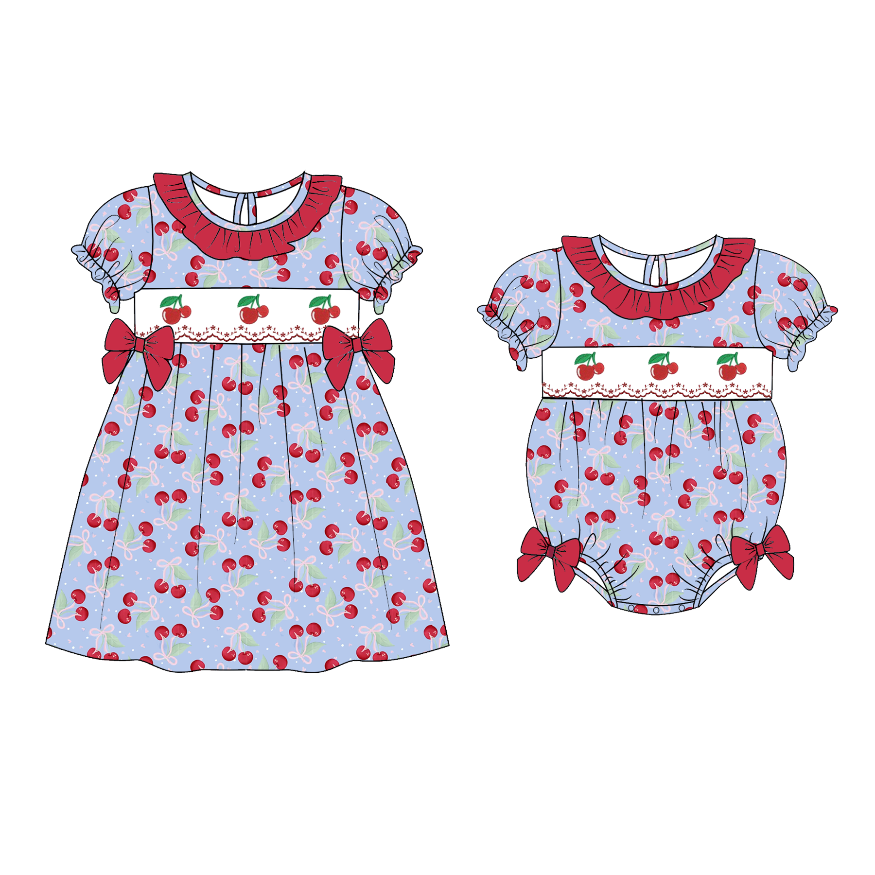 （Pre Order）Sisters Valentine's Day Cherry Embroidery Smocked Dress&Romper