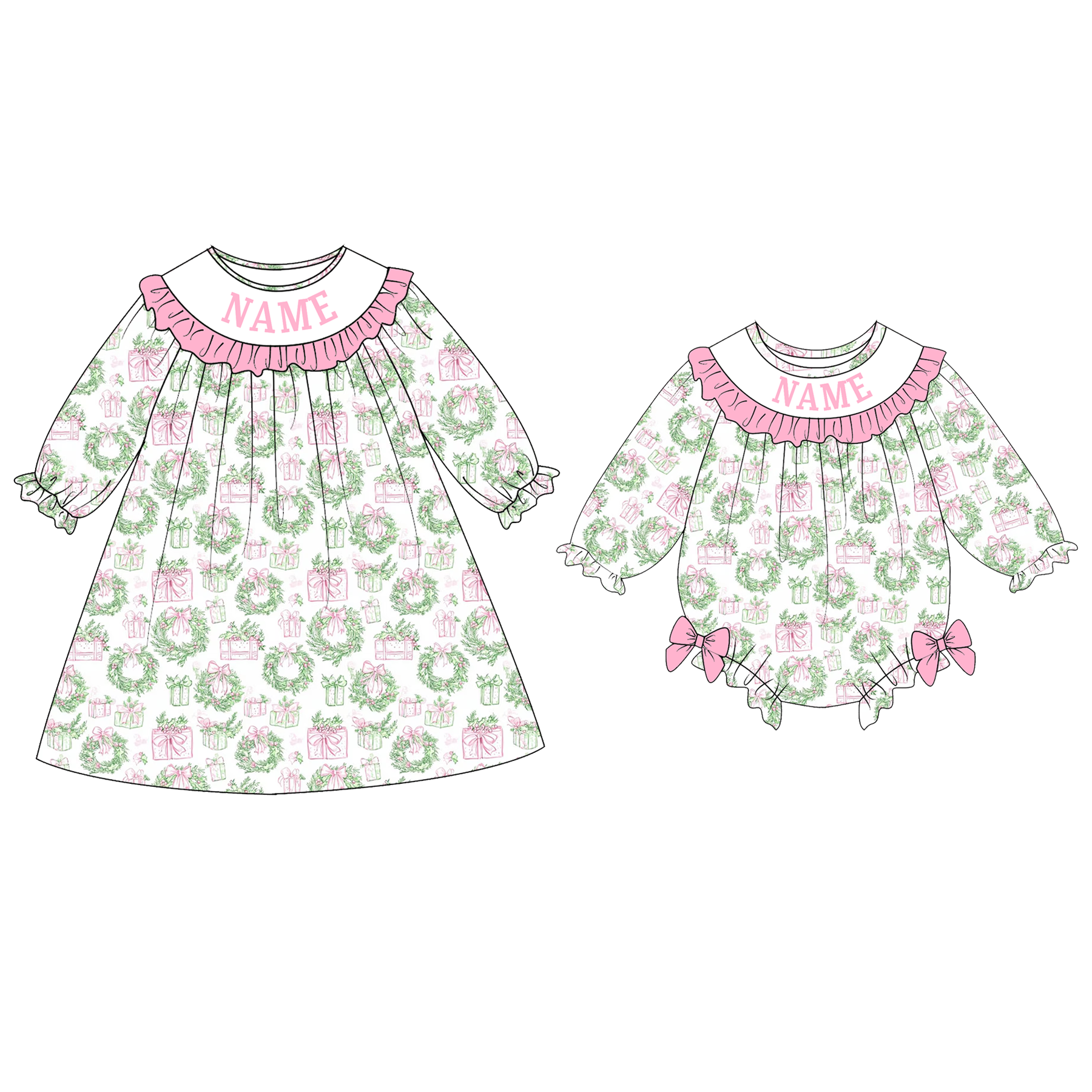 （Pre Order）Sisters Christmas Embroidery Smocked Dress&Romper