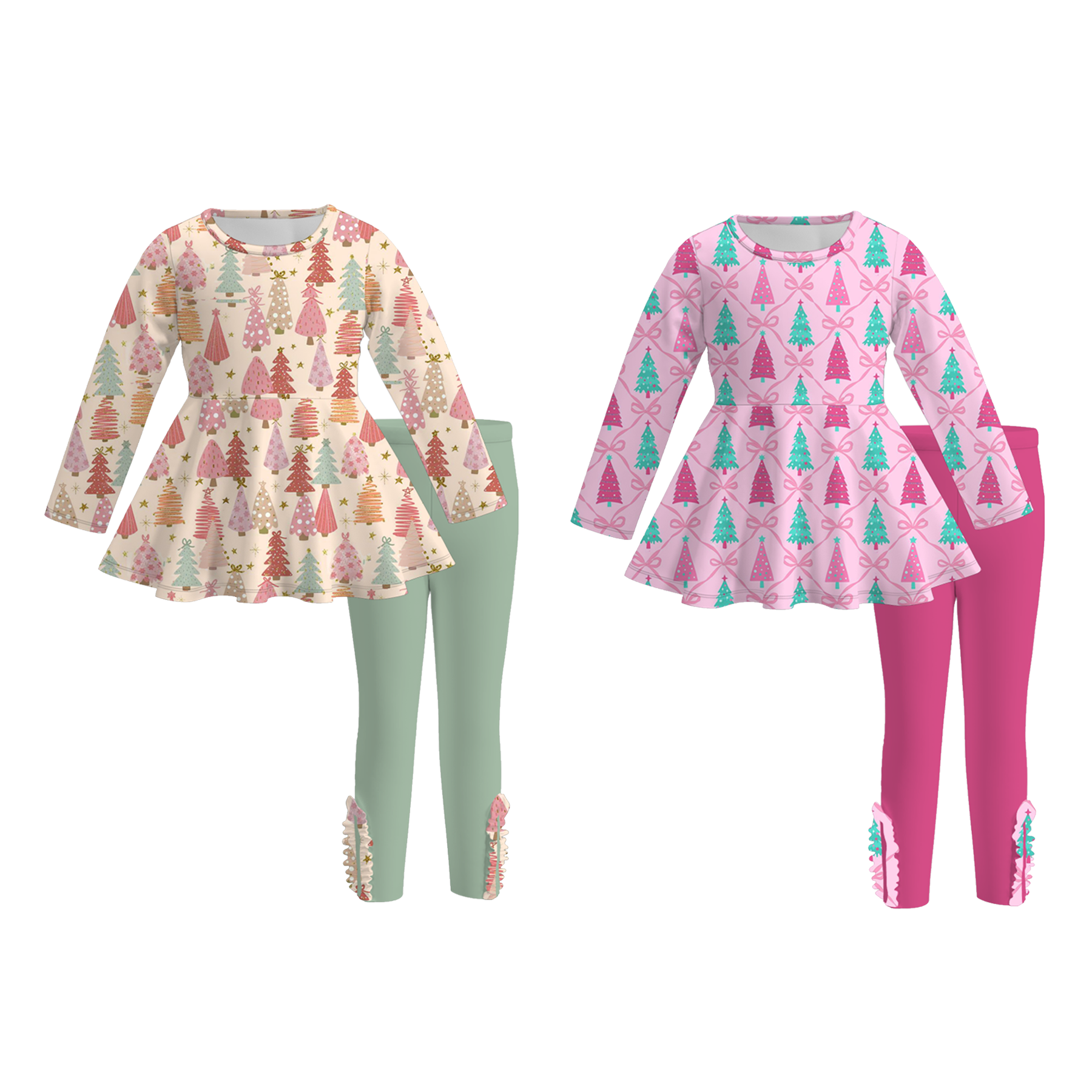 （Pre Order）Girls Christmas Tree Print Leggings Suit