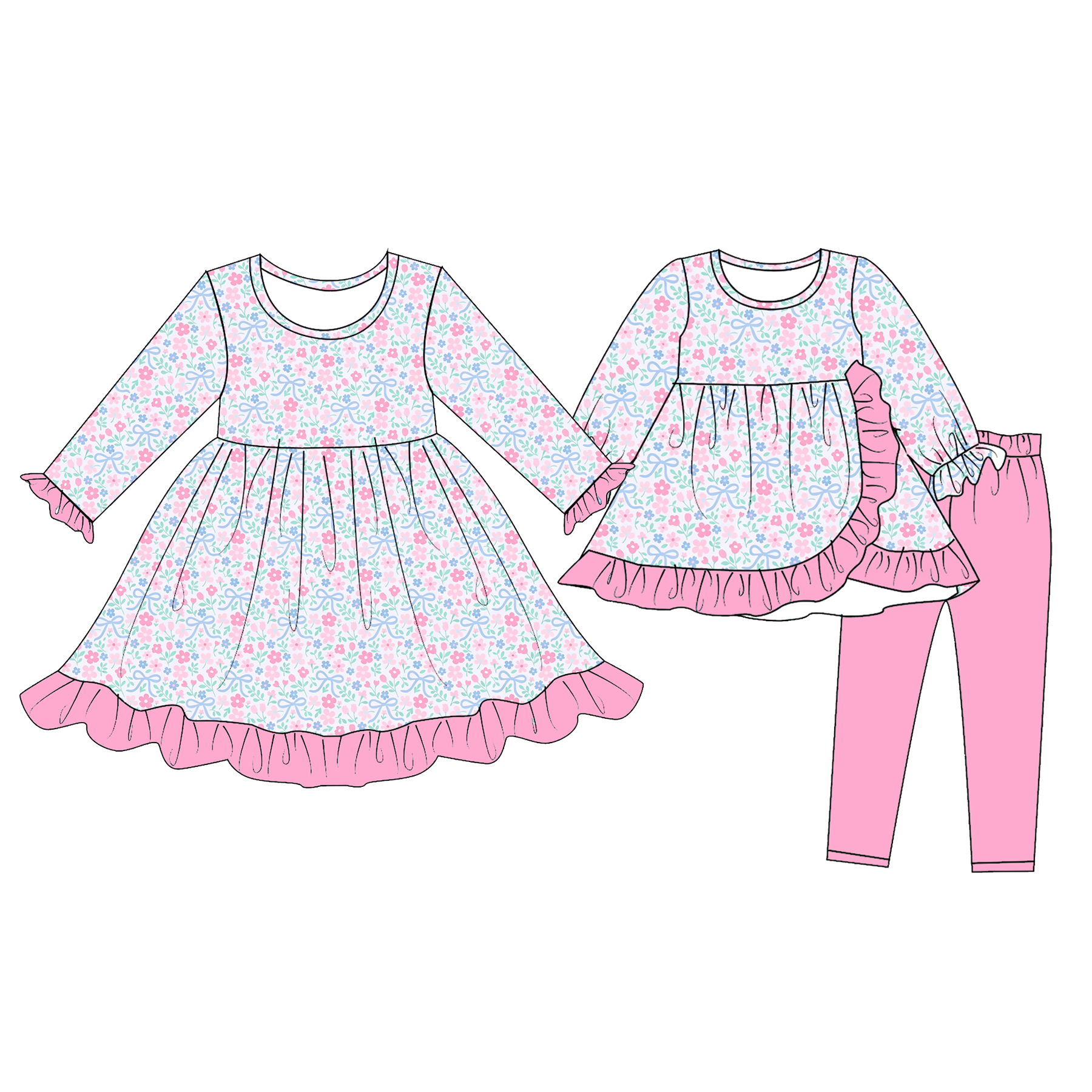 （Pre Order）Girls Fall Floral Print Dress&Outfit Set