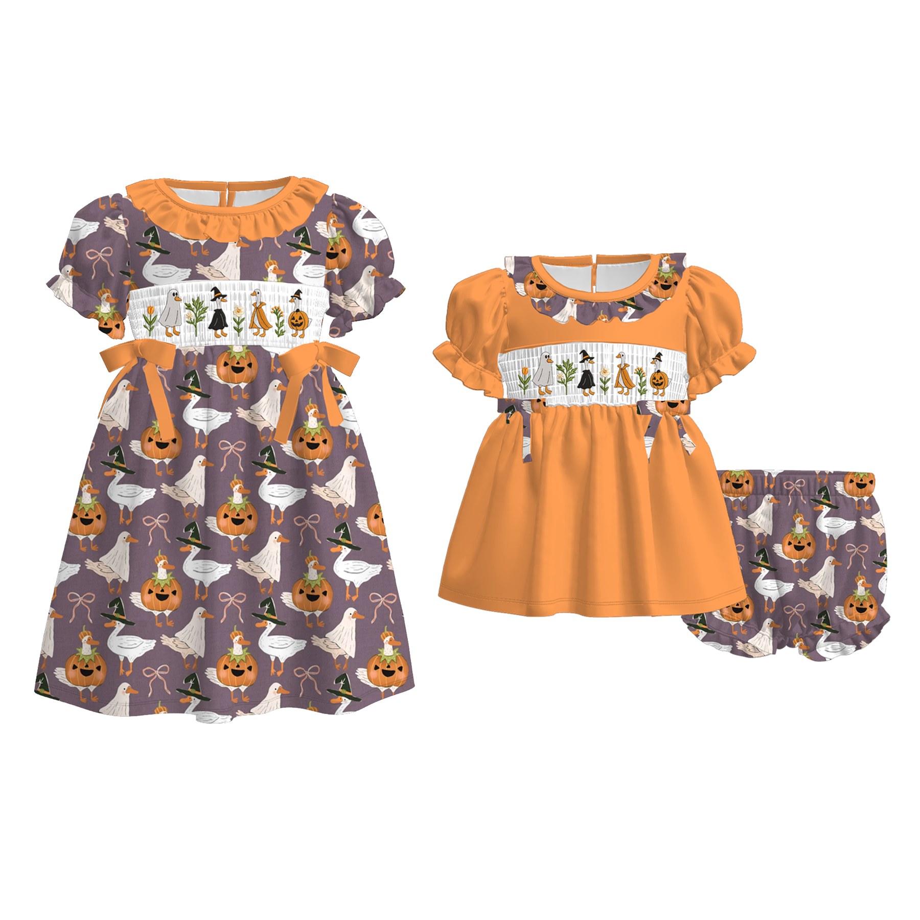 （Pre Order）Sisters Halloween Goose Embroidery Smocked Dress＆Romper