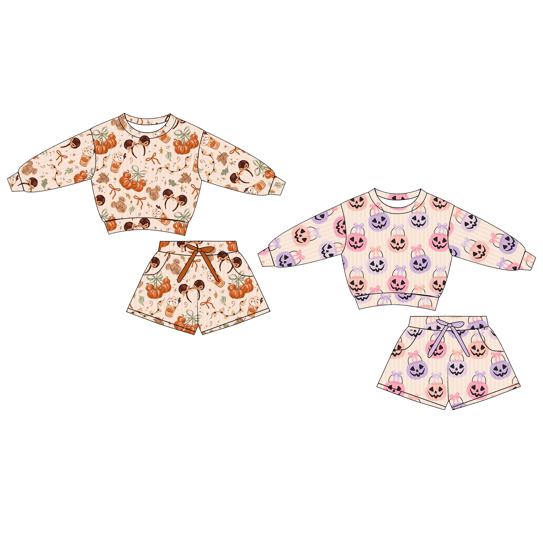（Pre Order）Girls Fall&Winter Pumpkin Print Shorts Set with Pockets